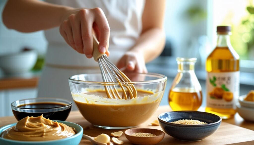 A step-by-step guide to making peanut sauce with ingredients displayed.