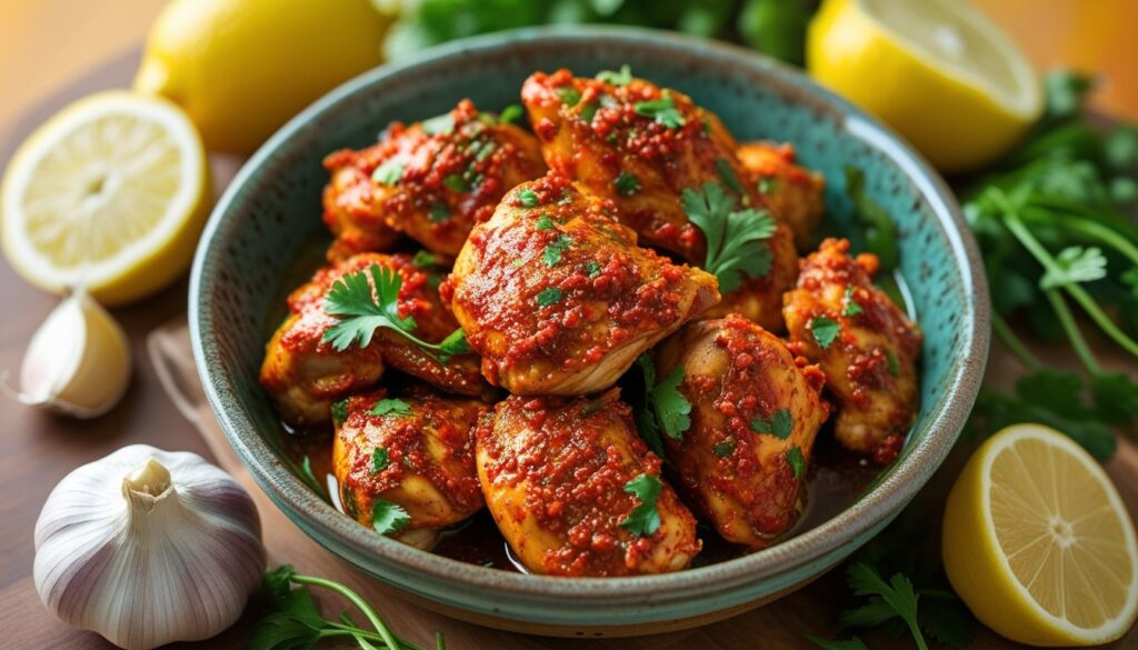 Marinated peri peri chicken pieces in a bowl with fresh ingredients.
