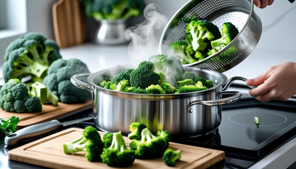 A pot with fresh steamed broccoli, water boiling, and a steamer basket in place.