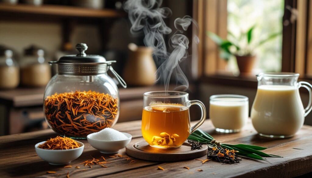 A step-by-step process of making Thai tea, showcasing ingredients and preparation steps.