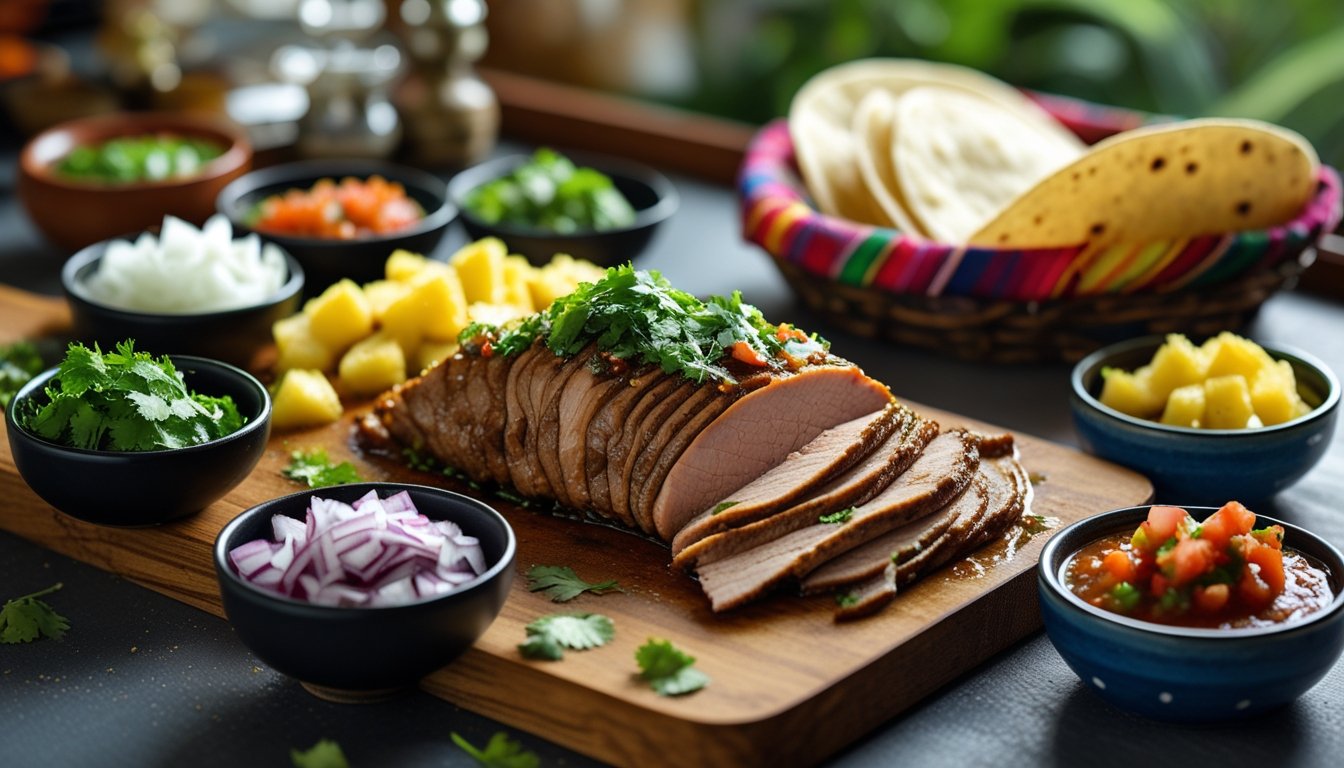 Serving suggestions for al pastor with toppings and sides.