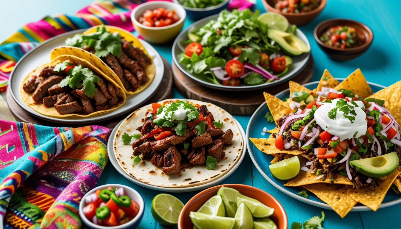 Delicious serving ideas for carne asada displayed on a colorful table.