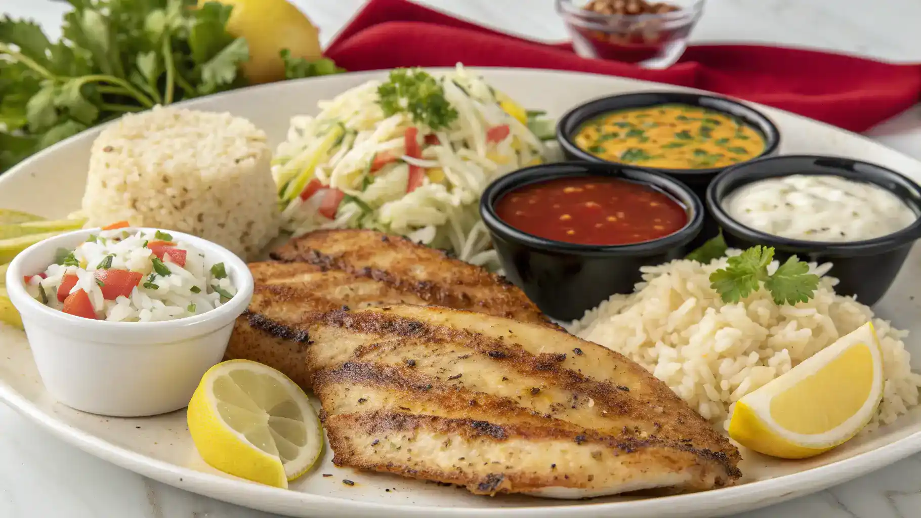 Serving suggestions for catfish, including rice, coleslaw, and sauces.