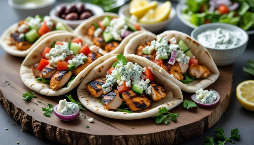 Serving suggestions for chicken pita, including toppings and side dishes.