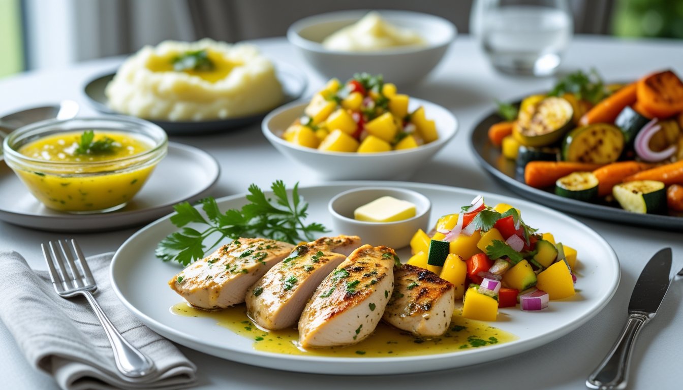 Serving suggestions for chicken tenderloin including various sides and sauces.