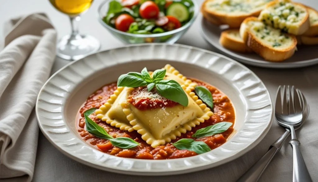 Plated Hello Fresh Ravioli with salad and garlic bread.