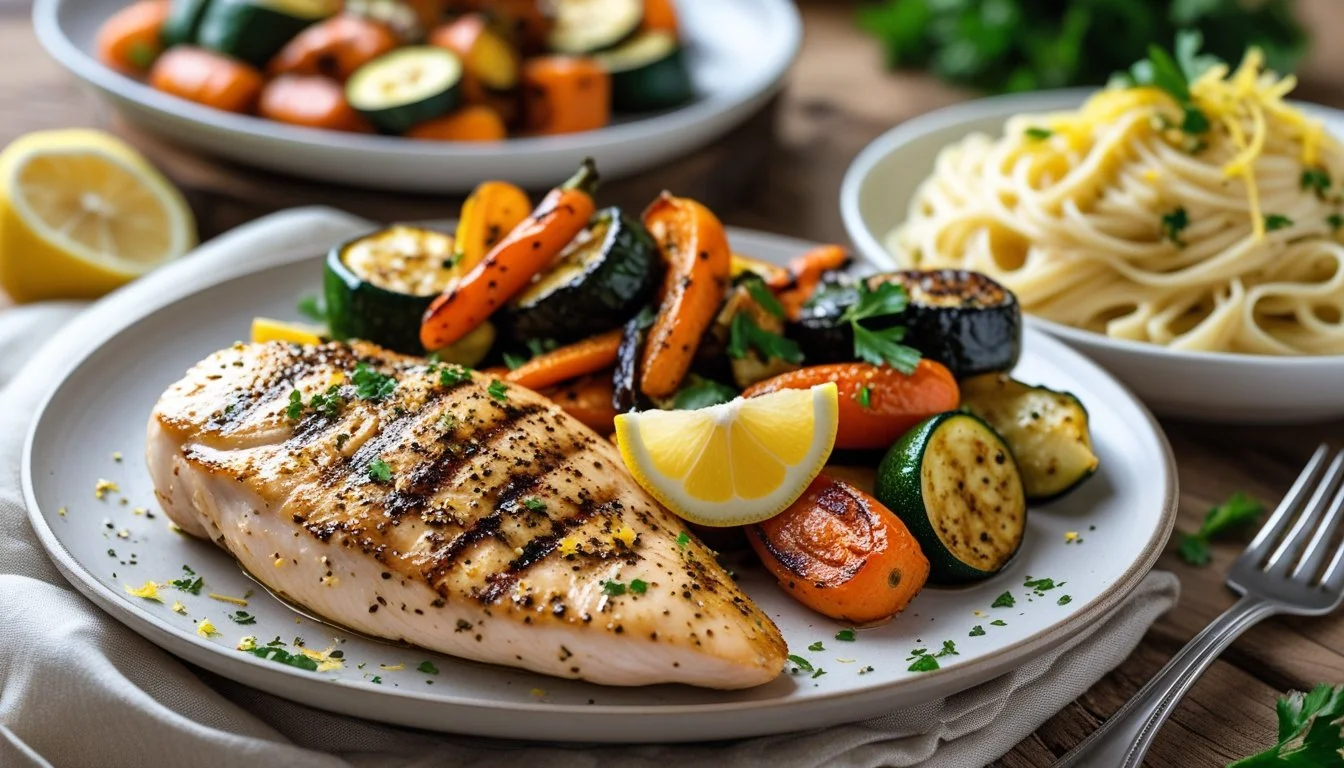 Dishes served with lemon pepper seasoning including grilled chicken, roasted vegetables, and pasta.