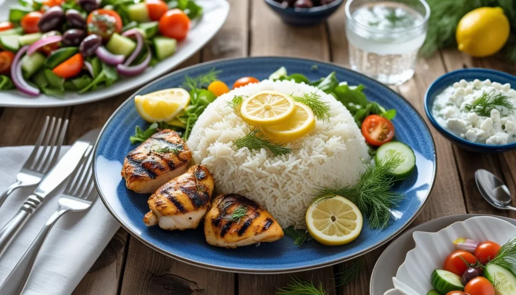Mediterranean rice served with grilled chicken and Greek salad.