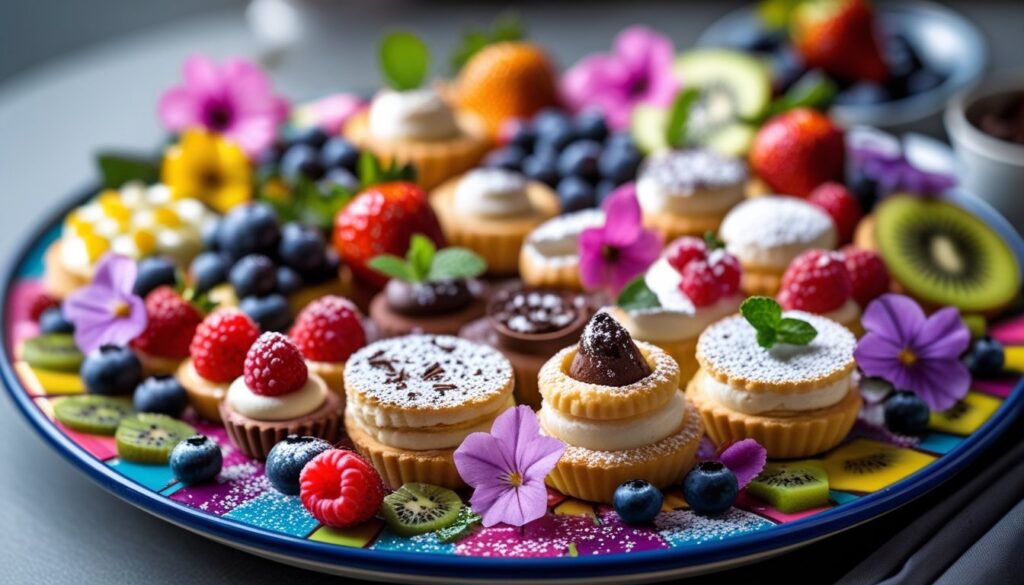 Mini desserts served on a colorful platter with garnishes.