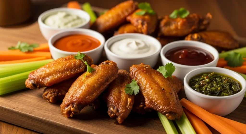 Naked wings served with dipping sauces and fresh vegetables.