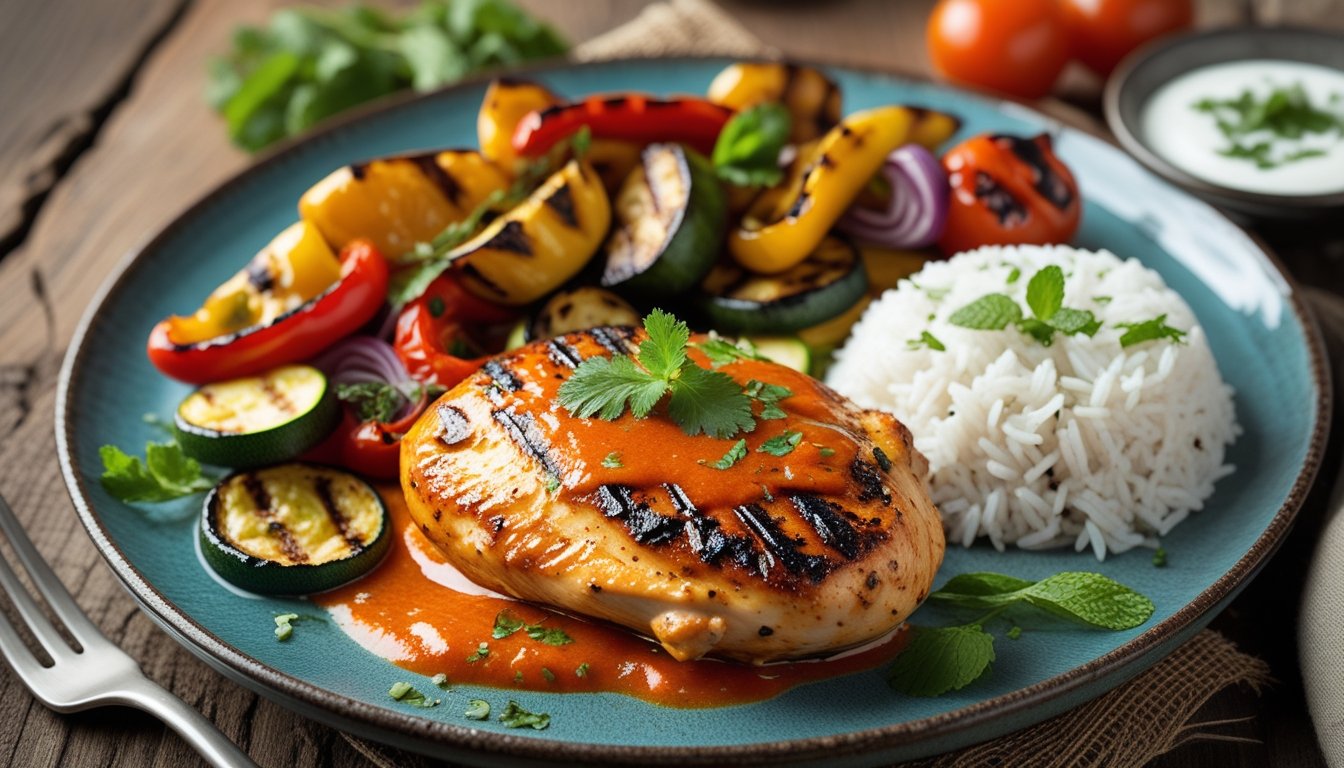 Plated peri peri chicken with sides on a rustic table.