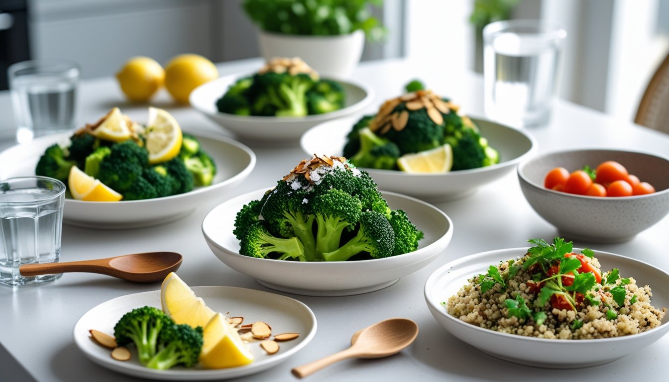Different serving ideas for steamed broccoli with garnishes and side dishes.