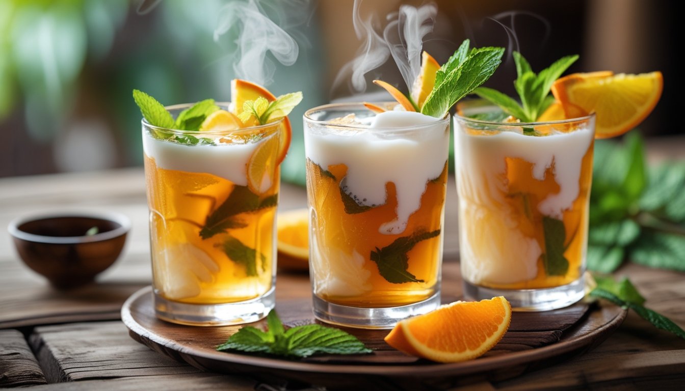 Serving suggestions for Thai tea, including ice and garnishes.