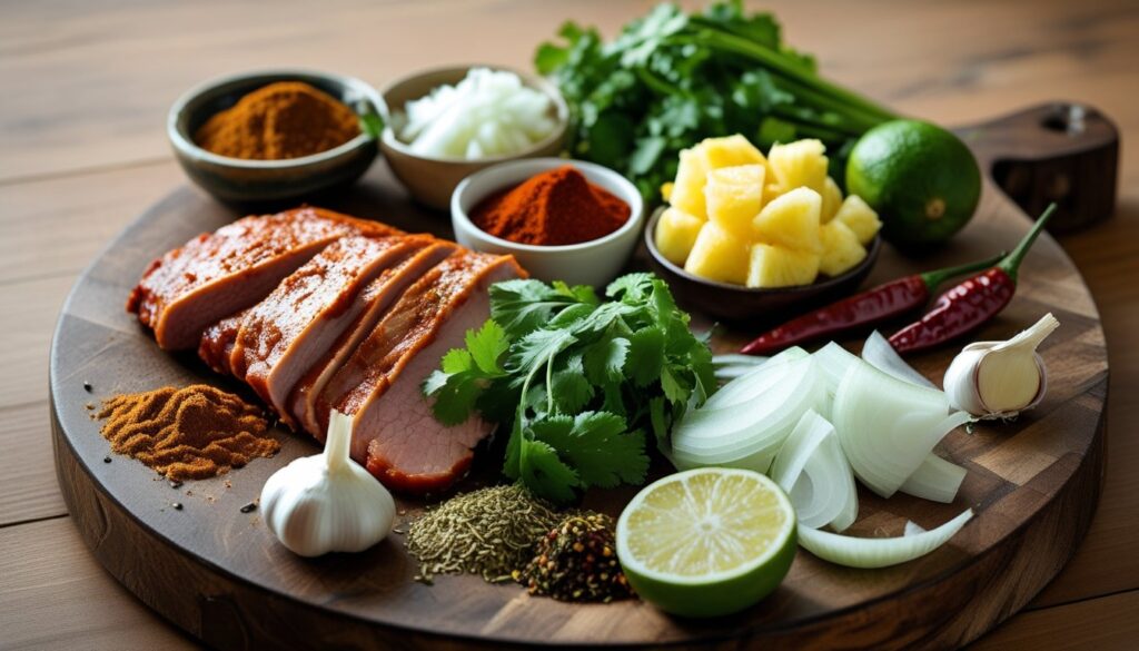 Ingredients for al pastor recipe including chicken, pineapple, and spices.