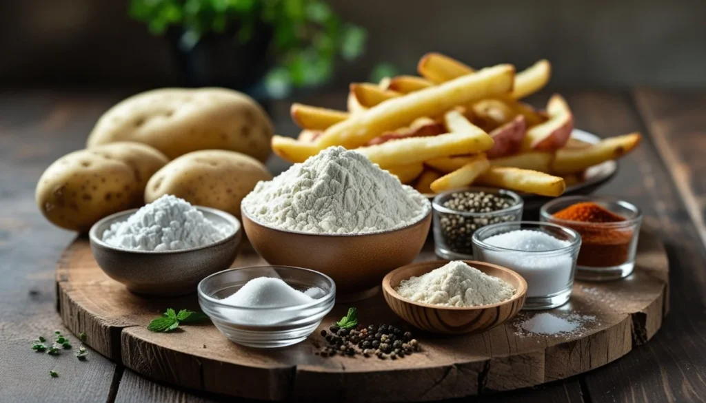 Ingredients for making battered fries displayed on a wooden countertop.