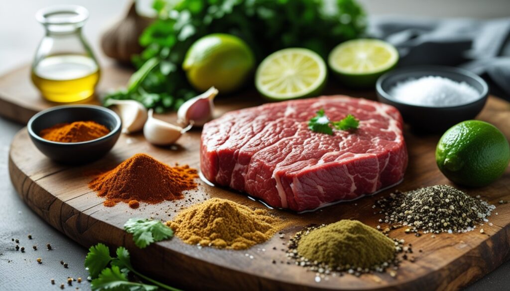 Ingredients for carne asada marinade beautifully arranged on a wooden cutting board.