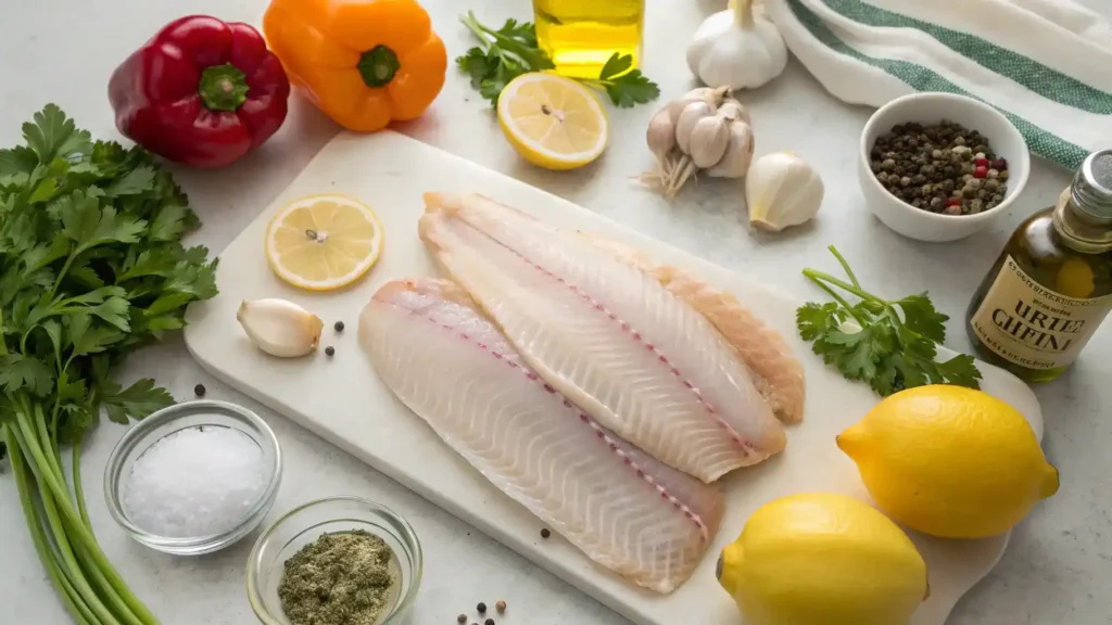 Ingredients for catfish recipes including catfish fillets, flour, cornmeal, eggs, and spices.
