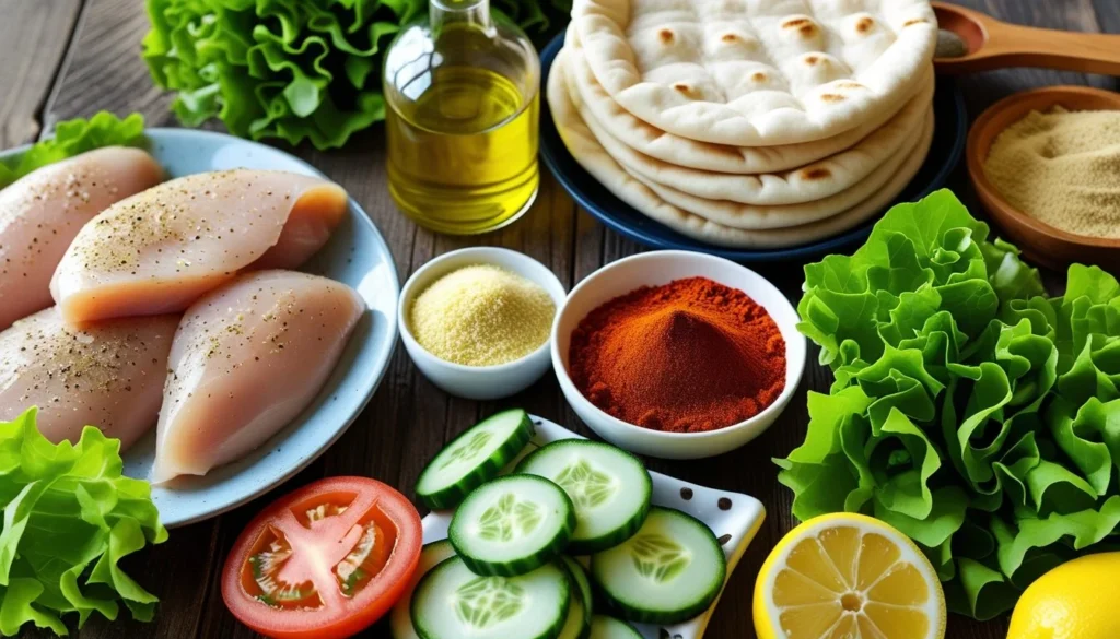 Ingredients for chicken pita laid out on a wooden table, including chicken breast, pita bread, and fresh vegetables.