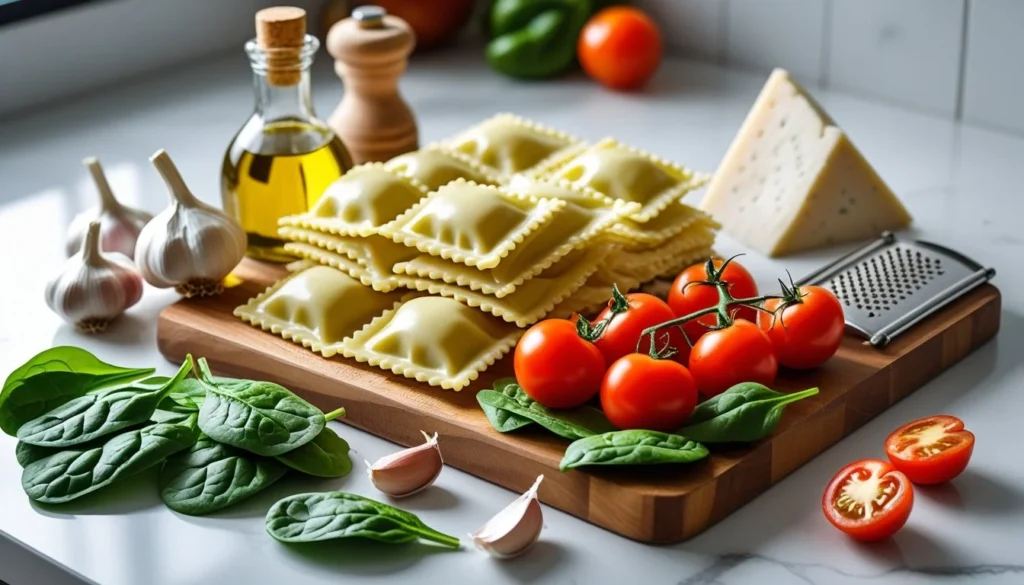 Ingredients for Hello Fresh Ravioli including ravioli, olive oil, garlic, spinach, cherry tomatoes, and Parmesan cheese.