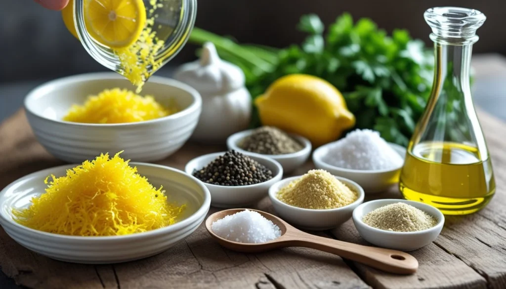 Ingredients for lemon pepper seasoning displayed on a wooden countertop.