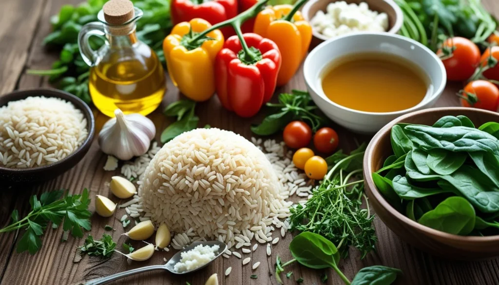 Ingredients for Mediterranean rice displayed on a wooden surface, including rice, vegetables, and herbs.