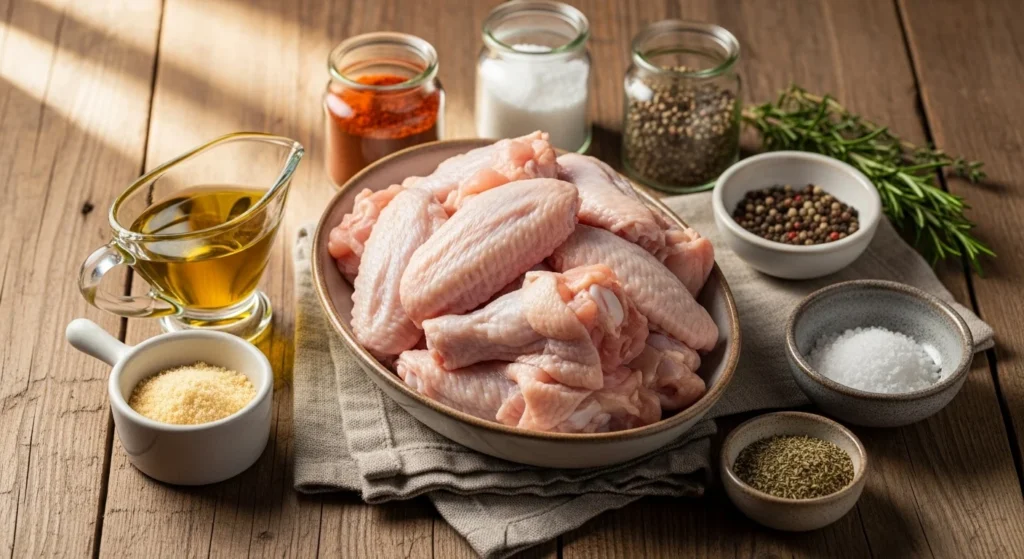 Ingredients for naked wings displayed on a wooden table.