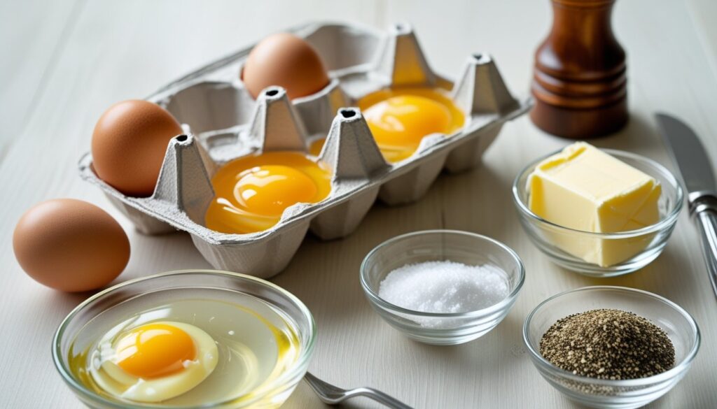 Ingredients for making over medium eggs: fresh eggs, butter, salt, and pepper.