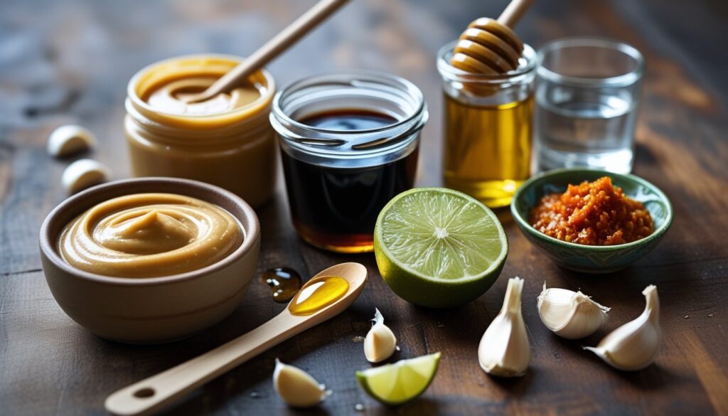 Ingredients for peanut sauce displayed on a wooden countertop.