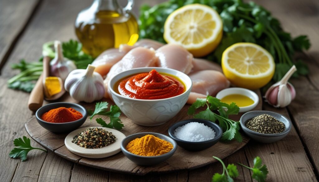 Ingredients for peri peri chicken displayed on a wooden table.