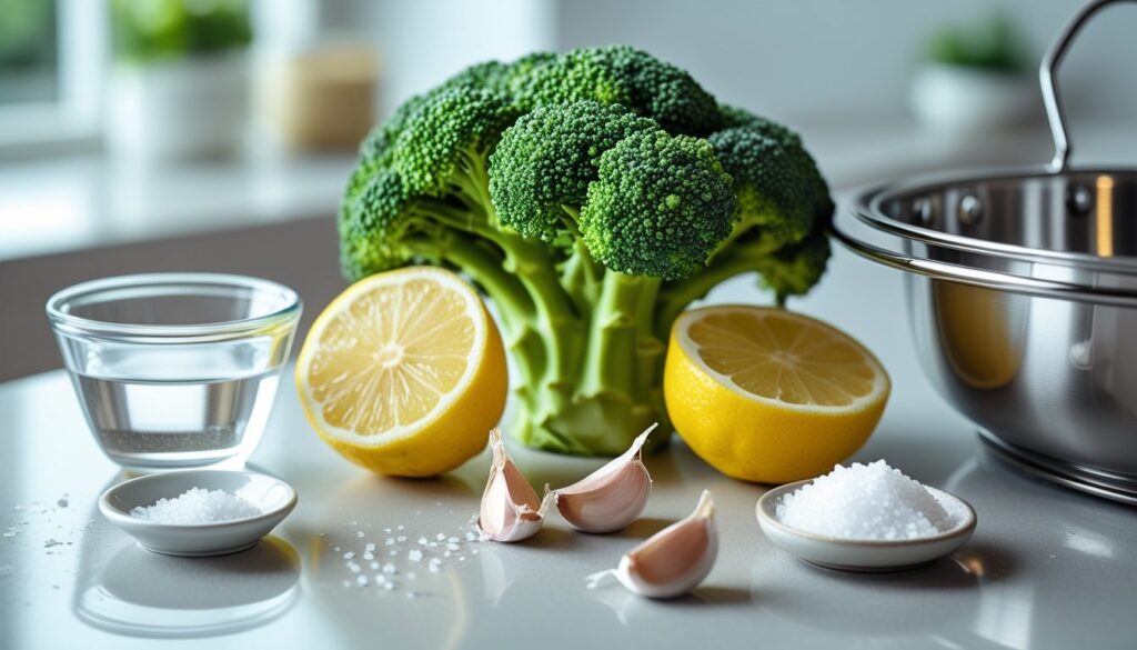 Ingredients for steamed broccoli including fresh broccoli, olive oil, salt, pepper, lemon juice, and garlic powder.