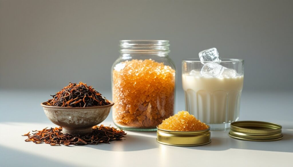 Ingredients for making Thai tea, including tea leaves, sugar, and milk.