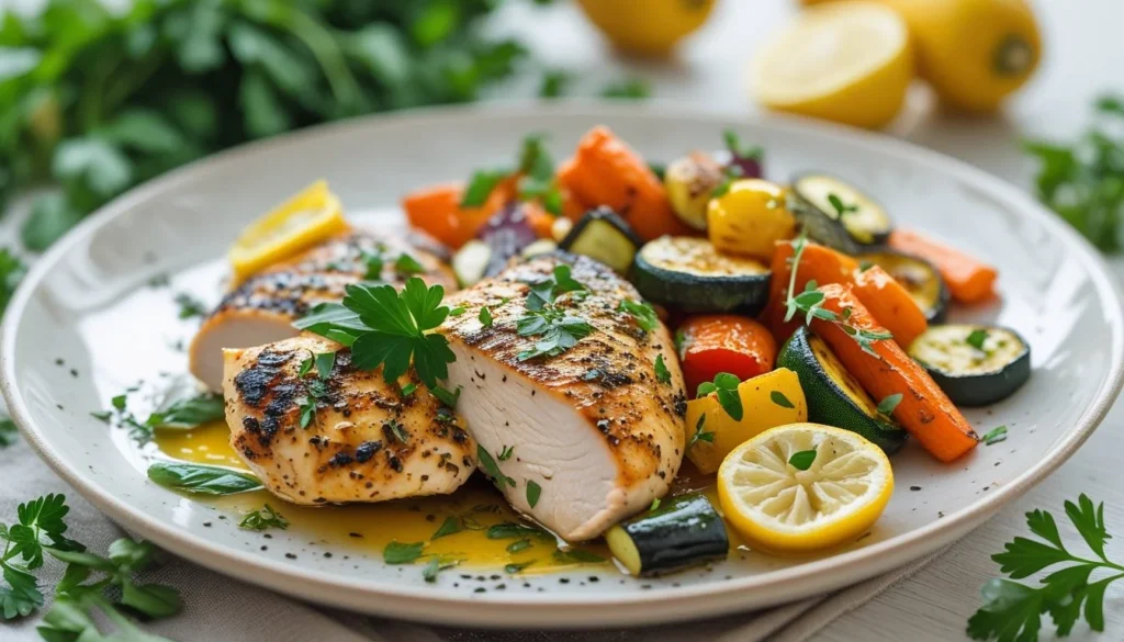 A delicious plate of grilled chicken and roasted vegetables seasoned with lemon pepper.