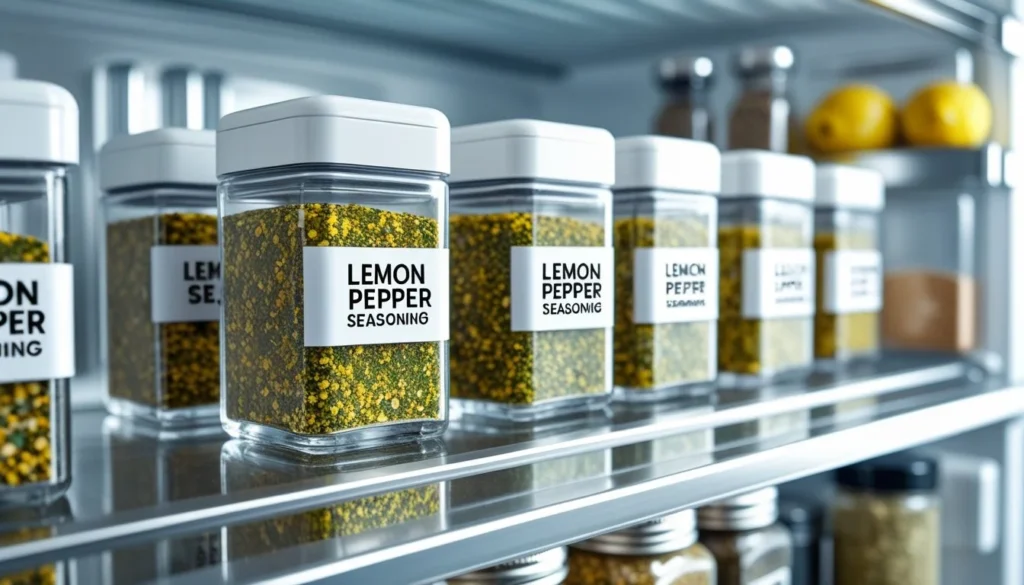 Storing lemon pepper seasoning in airtight containers in a refrigerator.