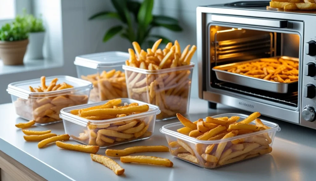 Storing and reheating battered fries.
