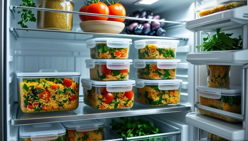Storing Mediterranean rice leftovers in airtight containers.