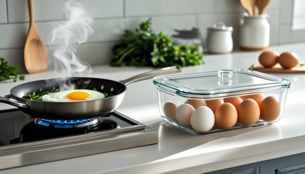 Storing and reheating over medium eggs in airtight containers.