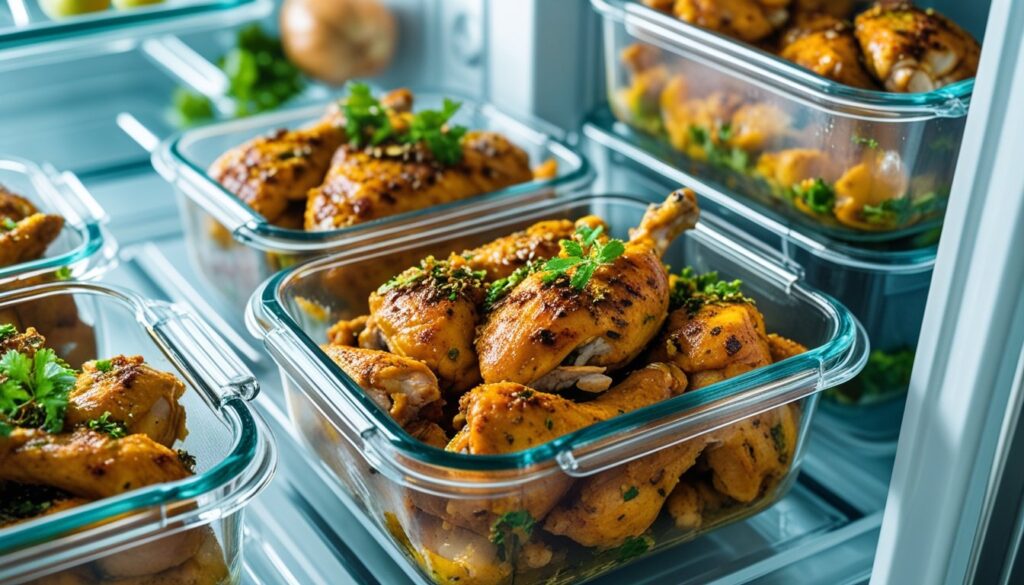 Storing leftover peri peri chicken in airtight containers.