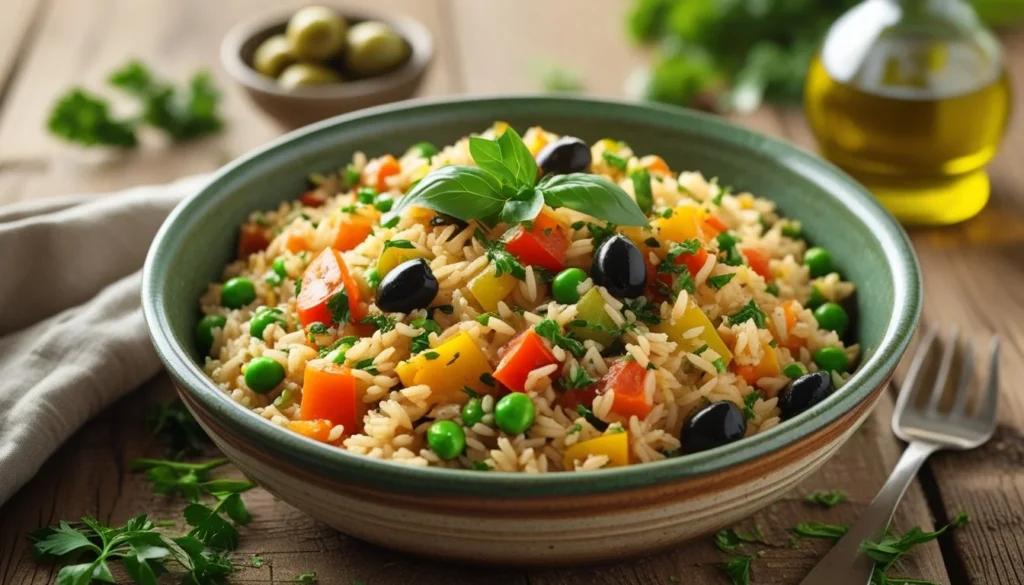 A beautifully plated Mediterranean rice dish garnished with herbs and olives.