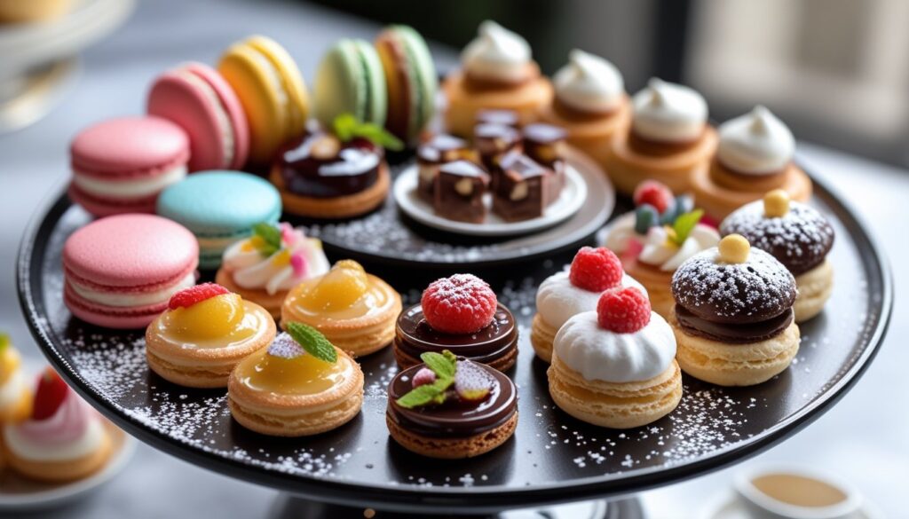 A colorful assortment of mini desserts displayed on a decorative platter.