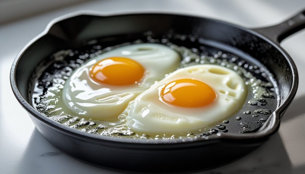 A skillet with perfectly cooked over medium eggs, featuring creamy yolks and set whites.