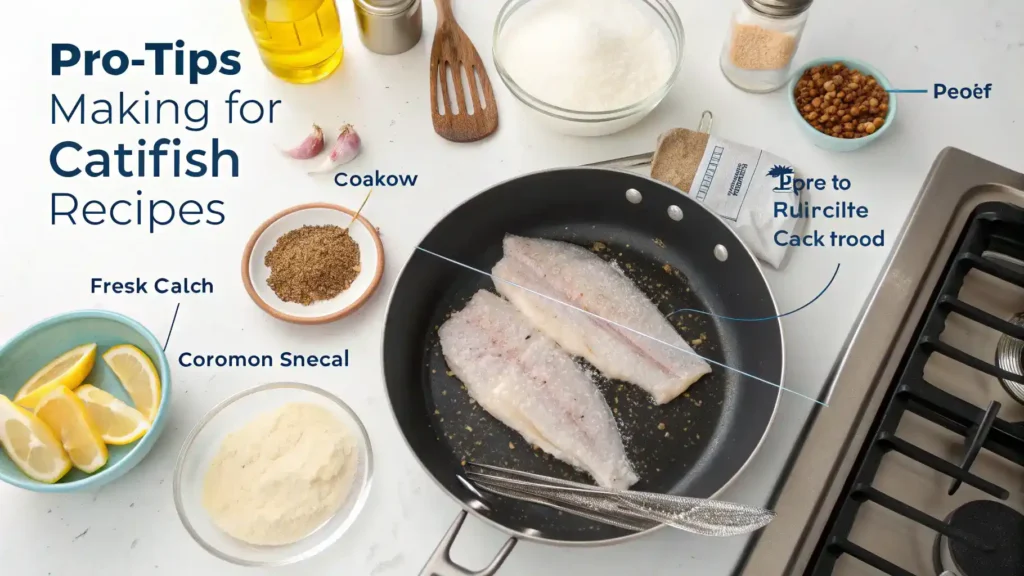 Pro tips for making catfish recipes, including marinating and double-dipping techniques.