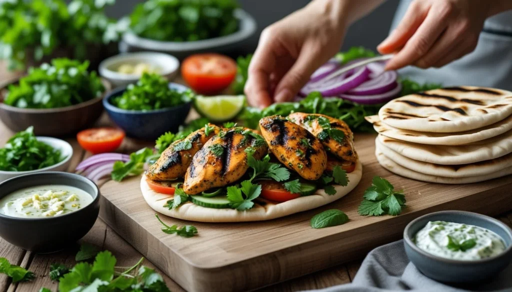 Pro tips for making chicken pita, including fresh herbs and marinated chicken.