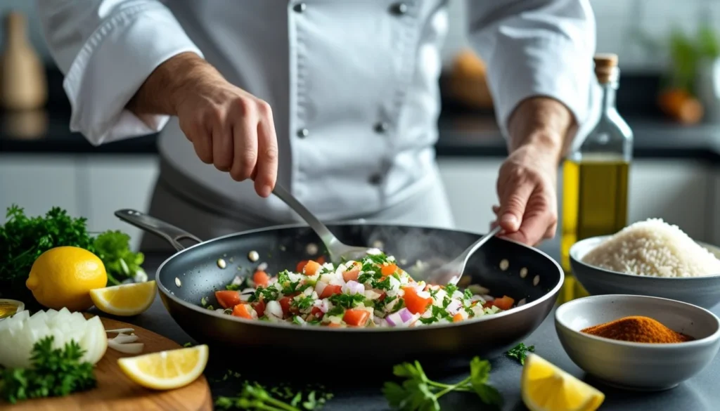 A chef demonstrating pro tips for making Mediterranean rice.