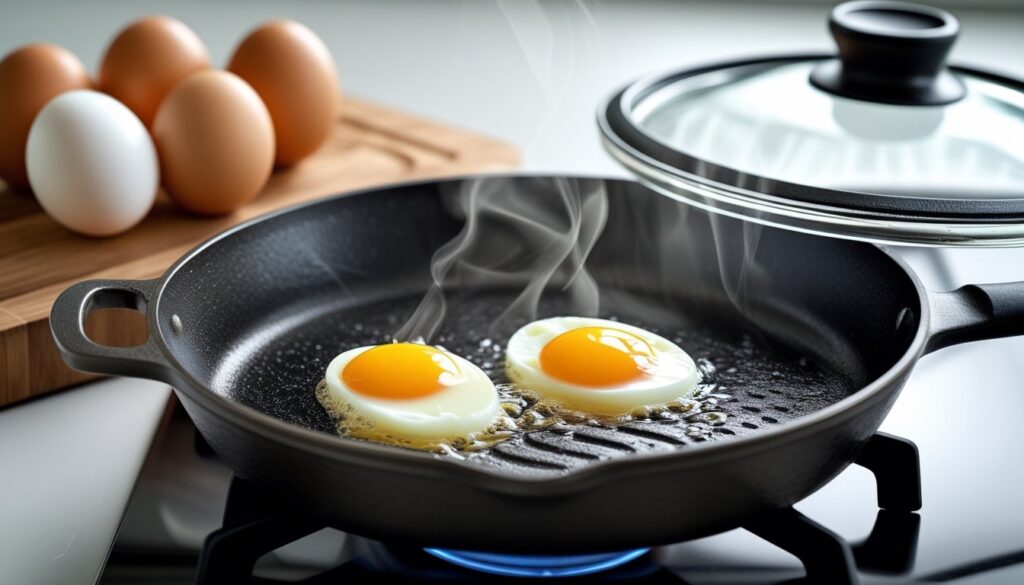 Pro tips for making over medium eggs with a skillet and fresh ingredients.