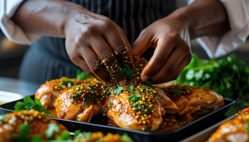 Chef marinating peri peri chicken with spices.