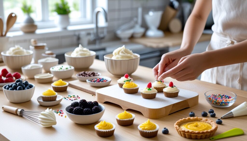 Pro tips for making mini desserts displayed in a well-organized kitchen.