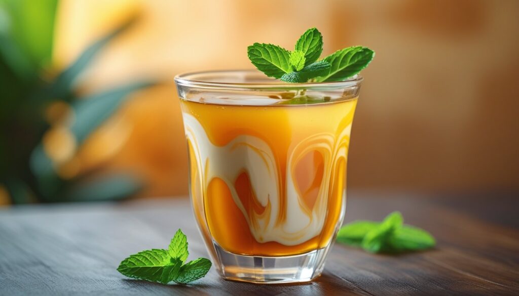 A refreshing glass of Thai tea with a creamy texture and mint garnish.