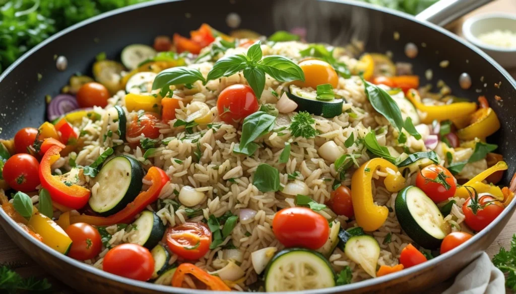 A large pan filled with colorful sautéed vegetables and Mediterranean rice, garnished with fresh herbs.