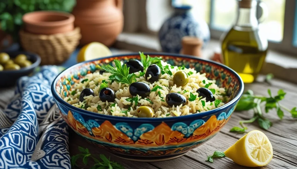 A colorful bowl of Mediterranean rice garnished with herbs and olives, set on a dining table.