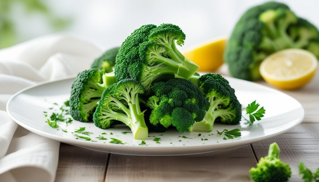 A vibrant plate of steamed broccoli garnished with lemon and spices.